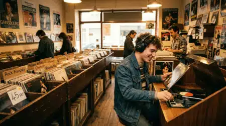 Cabine d'écoute de vinyles dans un magasin des années 1980