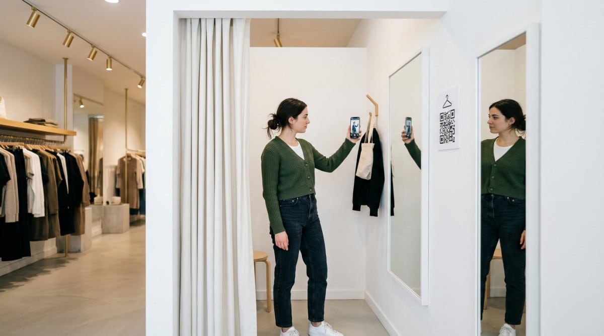 Cabine d'essayage minimaliste moderne avec smartphone et QR code
