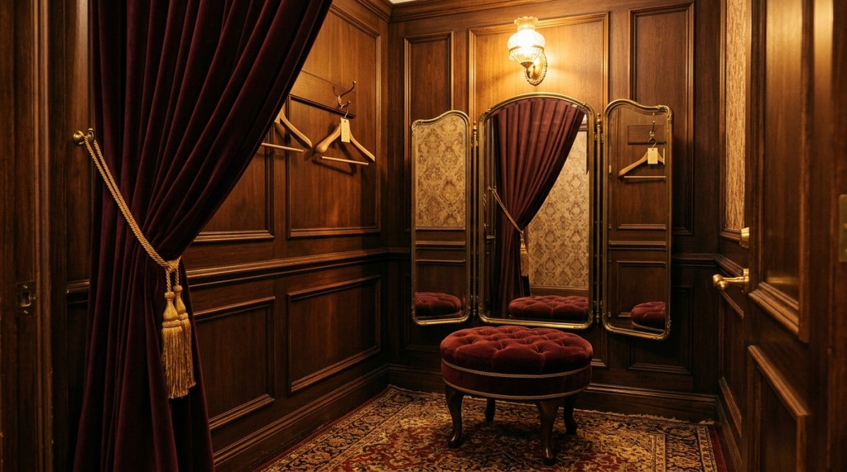 Cabine d'essayage vintage en velours avec miroir triptyque