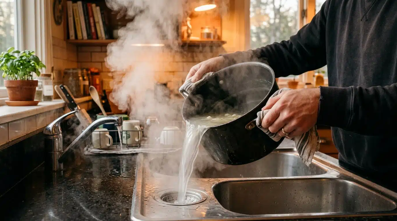 Eau de cuisson des pâtes versée dans l'évier