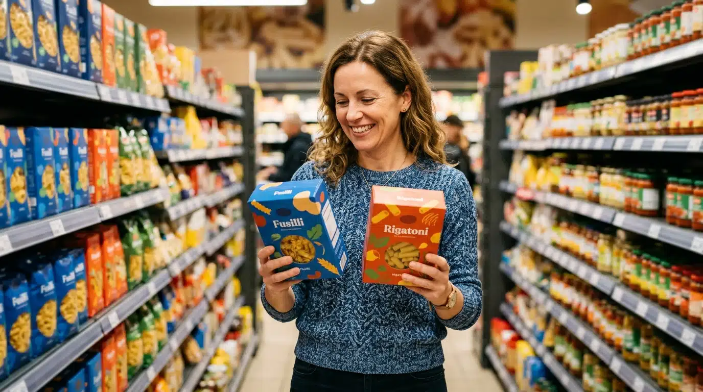 Femme comparant deux marques de pâtes au supermarché