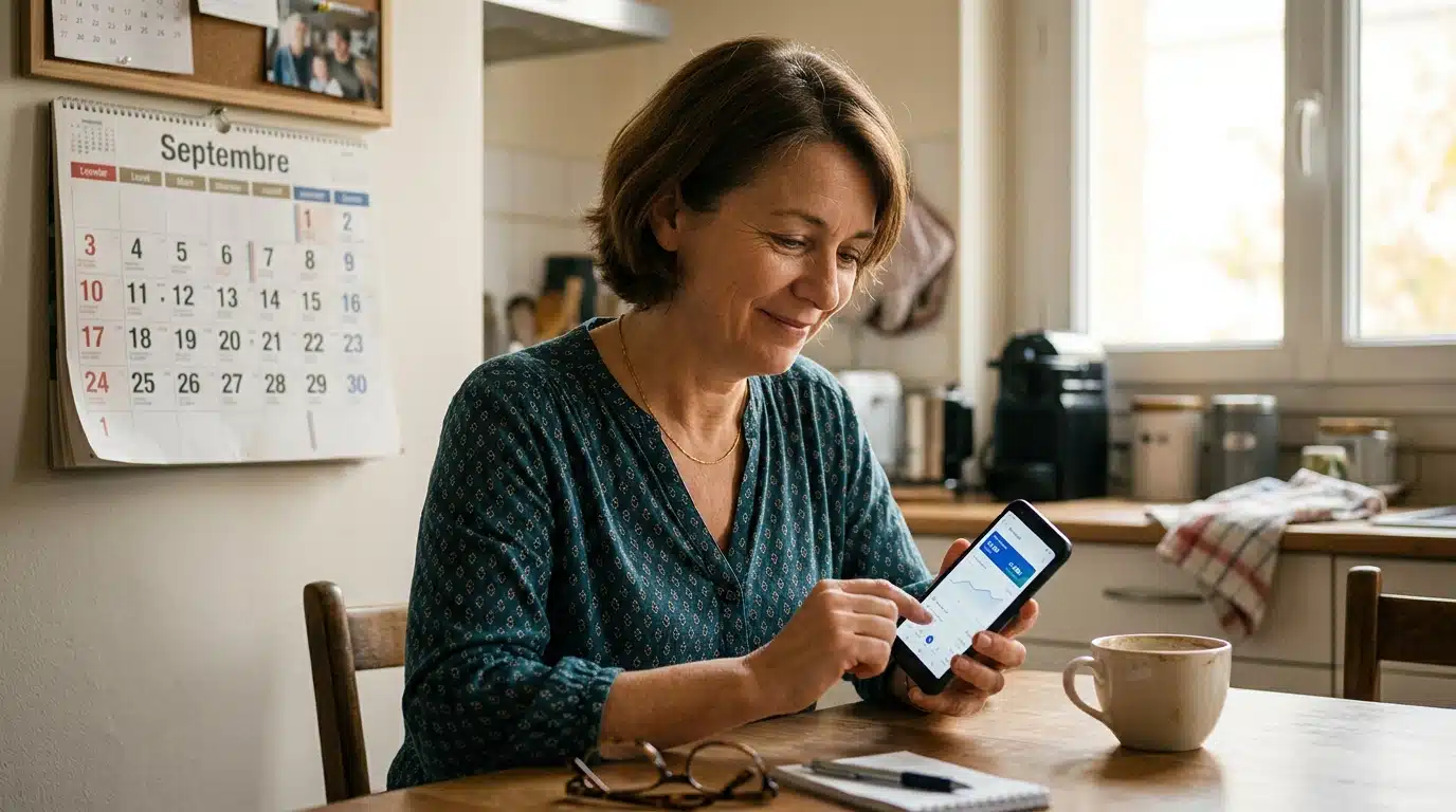 Femme consultant son application bancaire pour le virement CAF