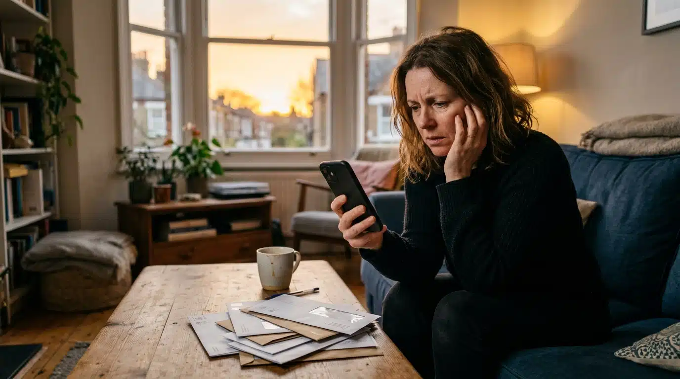 Femme inquiète devant son solde bancaire et ses factures