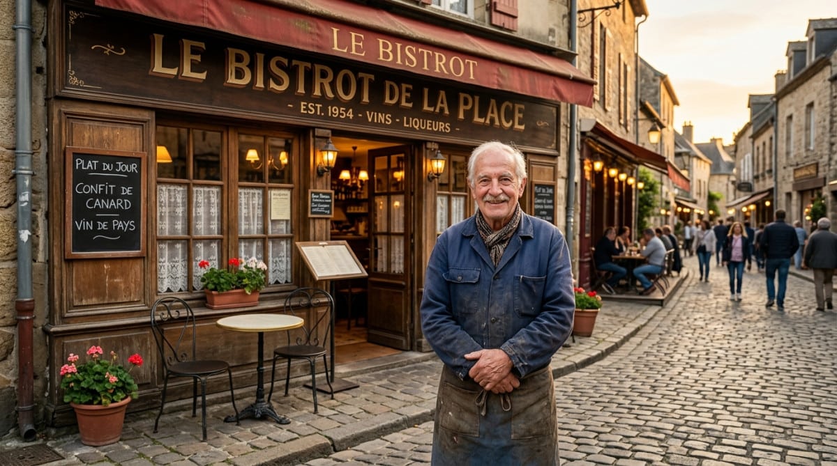 Café traditionnel français avec enseigne au nom d'un lieu