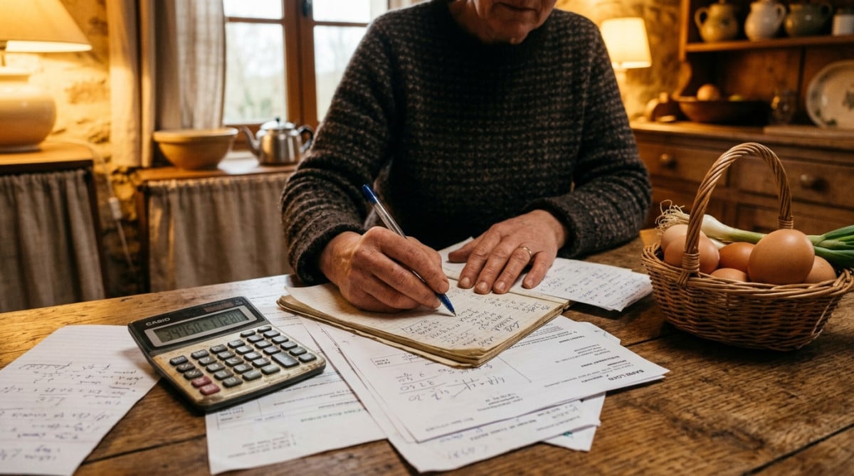 Calcul du budget mensuel sur une table de cuisine