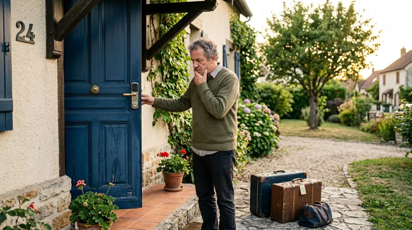 Homme inquiet examine son nouveau verrou de porte