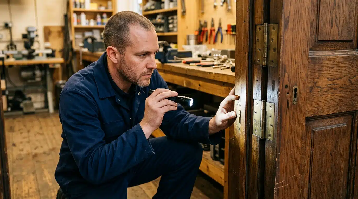 Serrurier professionnel inspecte un cadre de porte