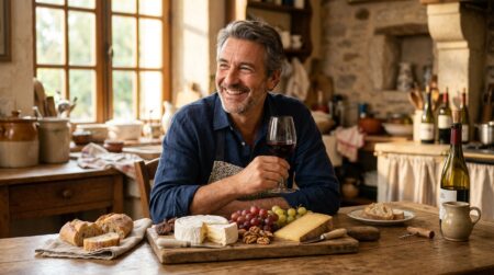 Plateau de fromages et verre de vin sur table en bois