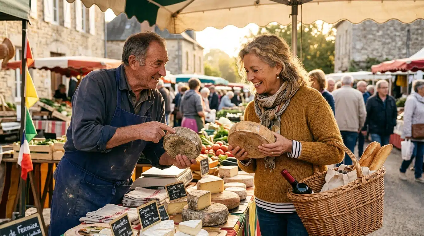 Femme au marché comparant des fromages en France