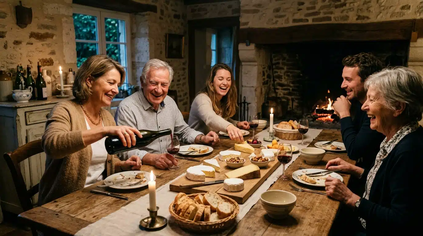 Famille partageant fromage et vin autour d'une table