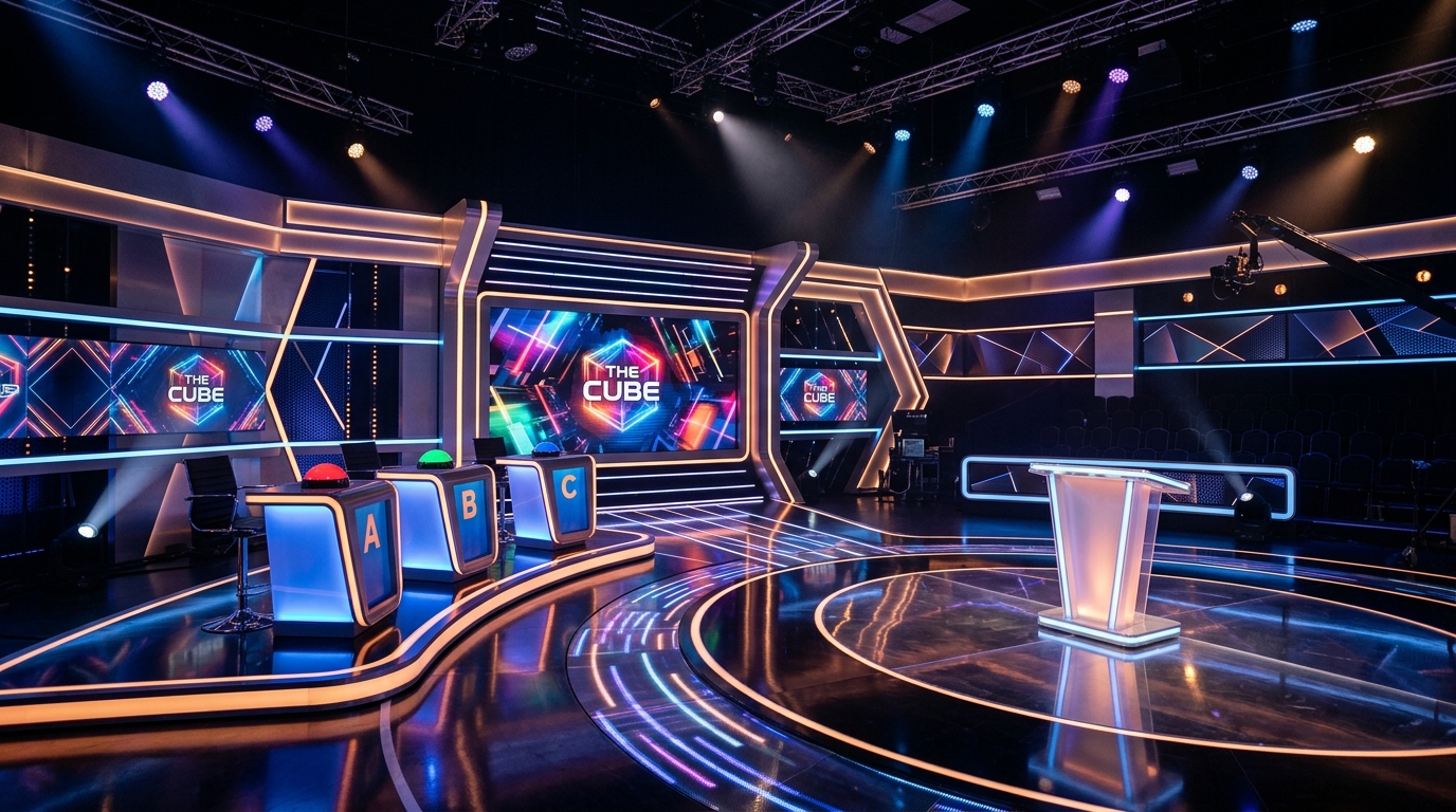 Plateau de jeu télévisé vide sous spots lumineux