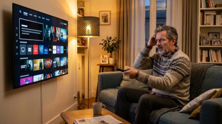 Homme perplexe devant sa télévision et les offres Canal+