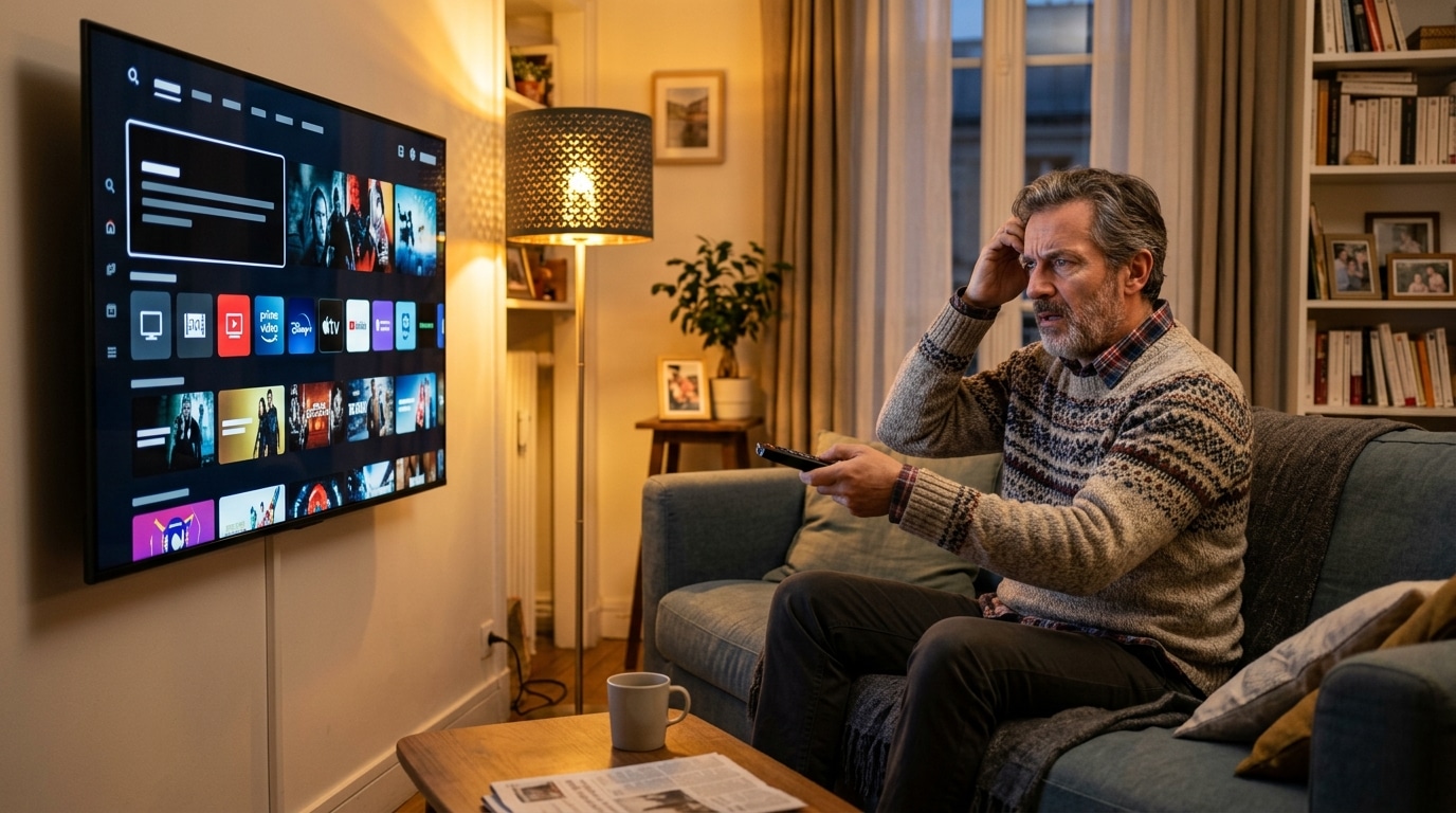 Homme perplexe devant sa télévision et les offres Canal+