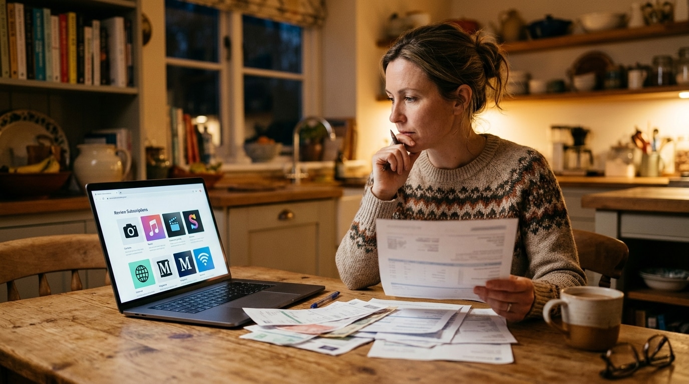 Femme vérifiant ses factures d'abonnements sur ordinateur
