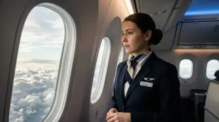 Hôtesse de l'air pensive regardant par le hublot en vol