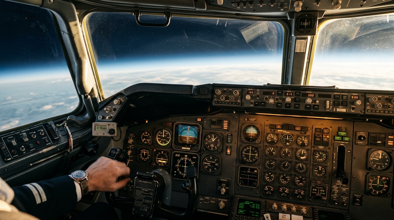 Cockpit d'avion baigné de lumière en haute altitude