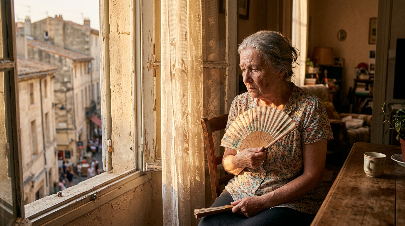 Personne âgée s'éventant lors de la canicule à domicile