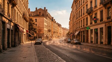 Rue française déserte sous chaleur intense et lumière orangée