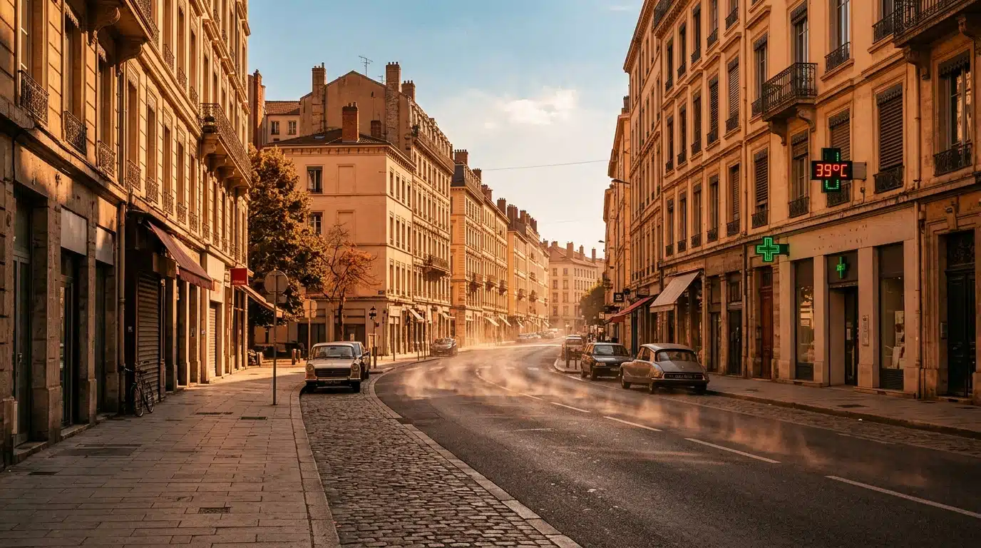 Rue française déserte sous chaleur intense et lumière orangée