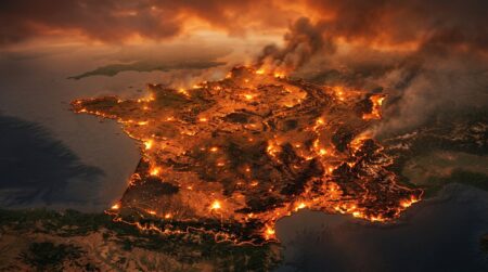 Carte de France stylisée en flammes sous forte chaleur