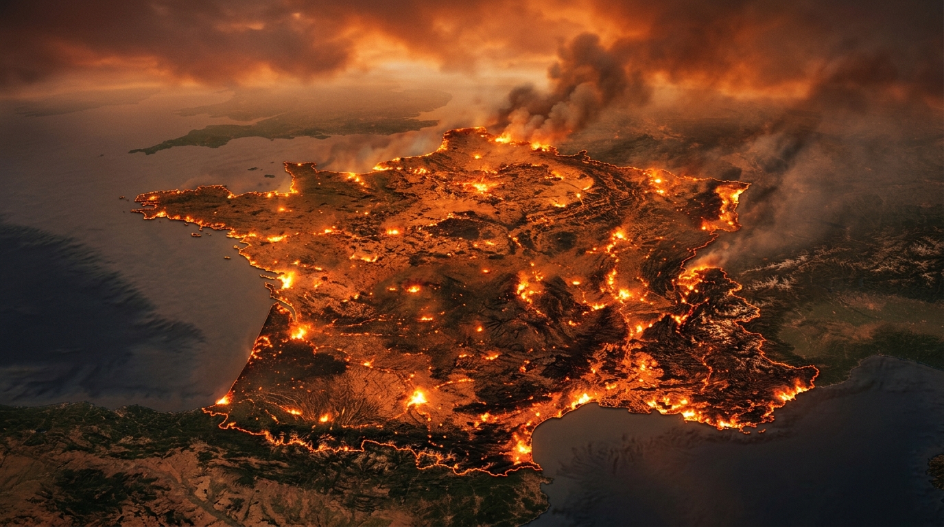 Carte de France stylisée en flammes sous forte chaleur