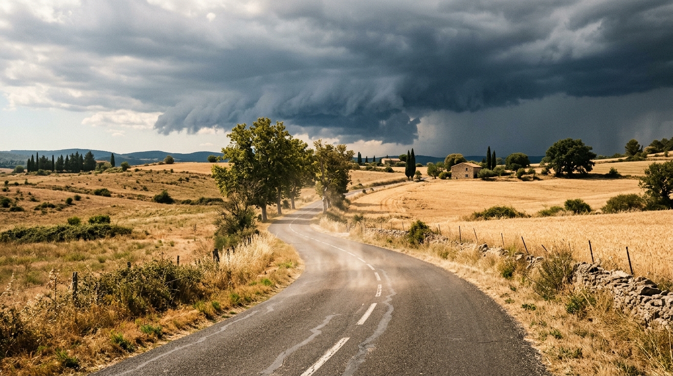 Route de campagne française sous ciel orageux menaçant
