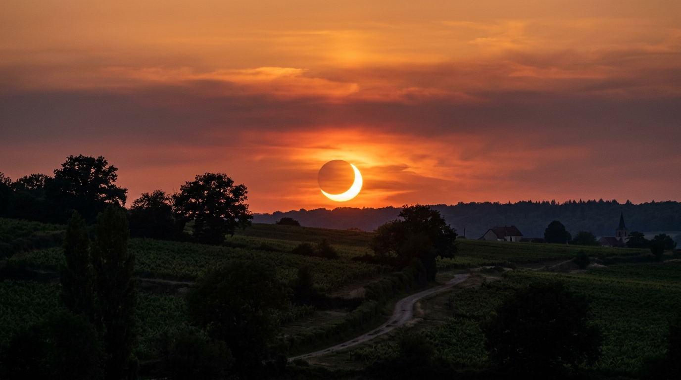 Éclipse solaire partielle orange au coucher du soleil