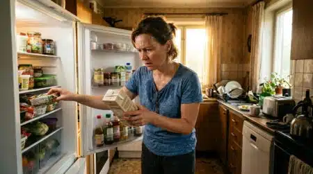 Femme inquiète devant un frigo ouvert en pleine chaleur