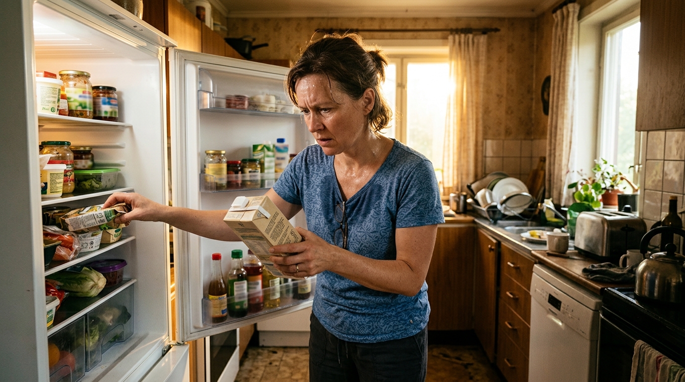 Femme inquiète devant un frigo ouvert en pleine chaleur