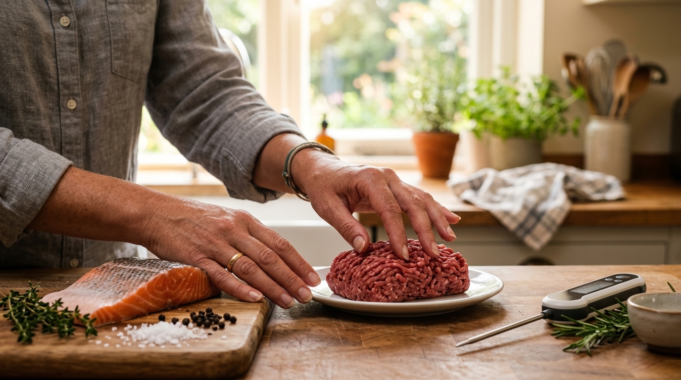 Inspection de viande hachée et poisson frais sur un plan de travail