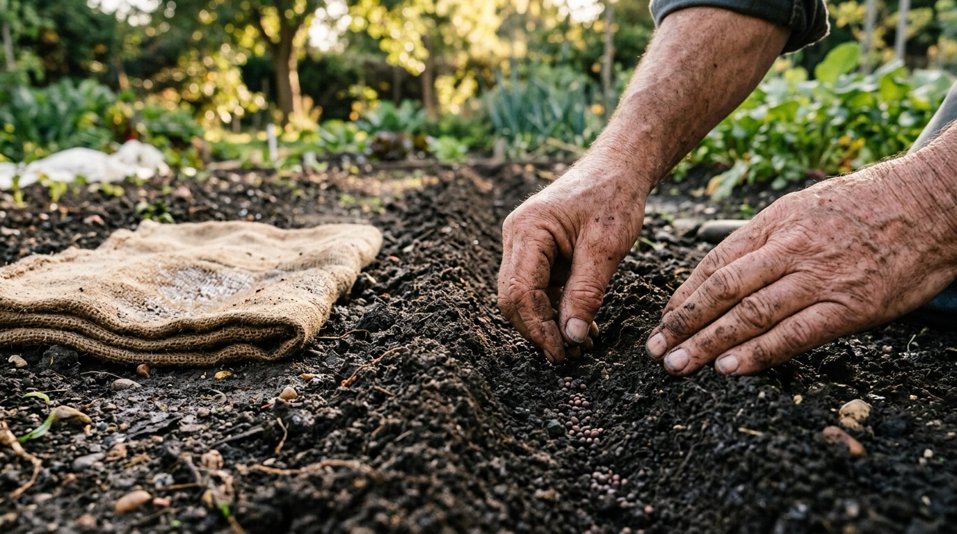 Mains semant des graines de radis d'hiver dans un sillon