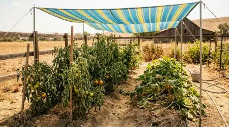 Tente de plage installée au-dessus de plants de tomates
