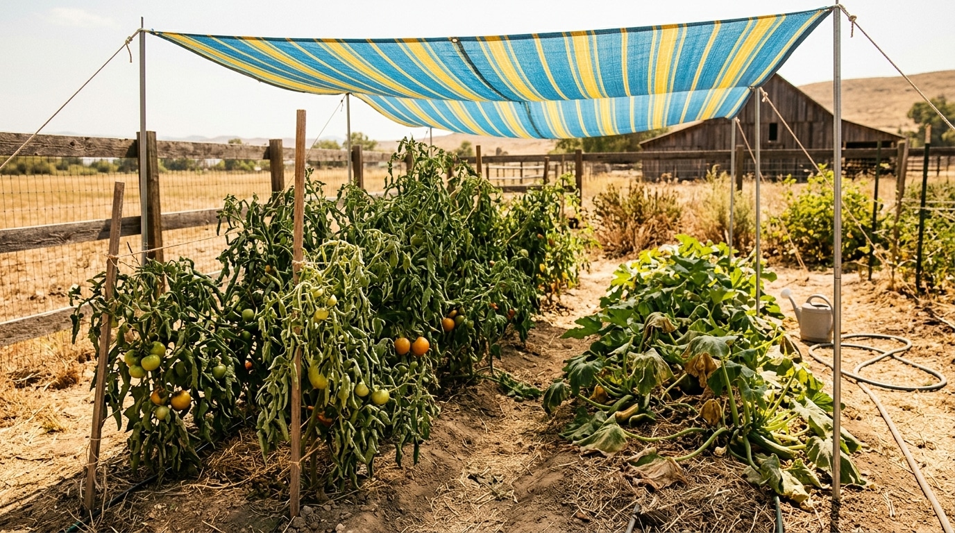 Tente de plage installée au-dessus de plants de tomates