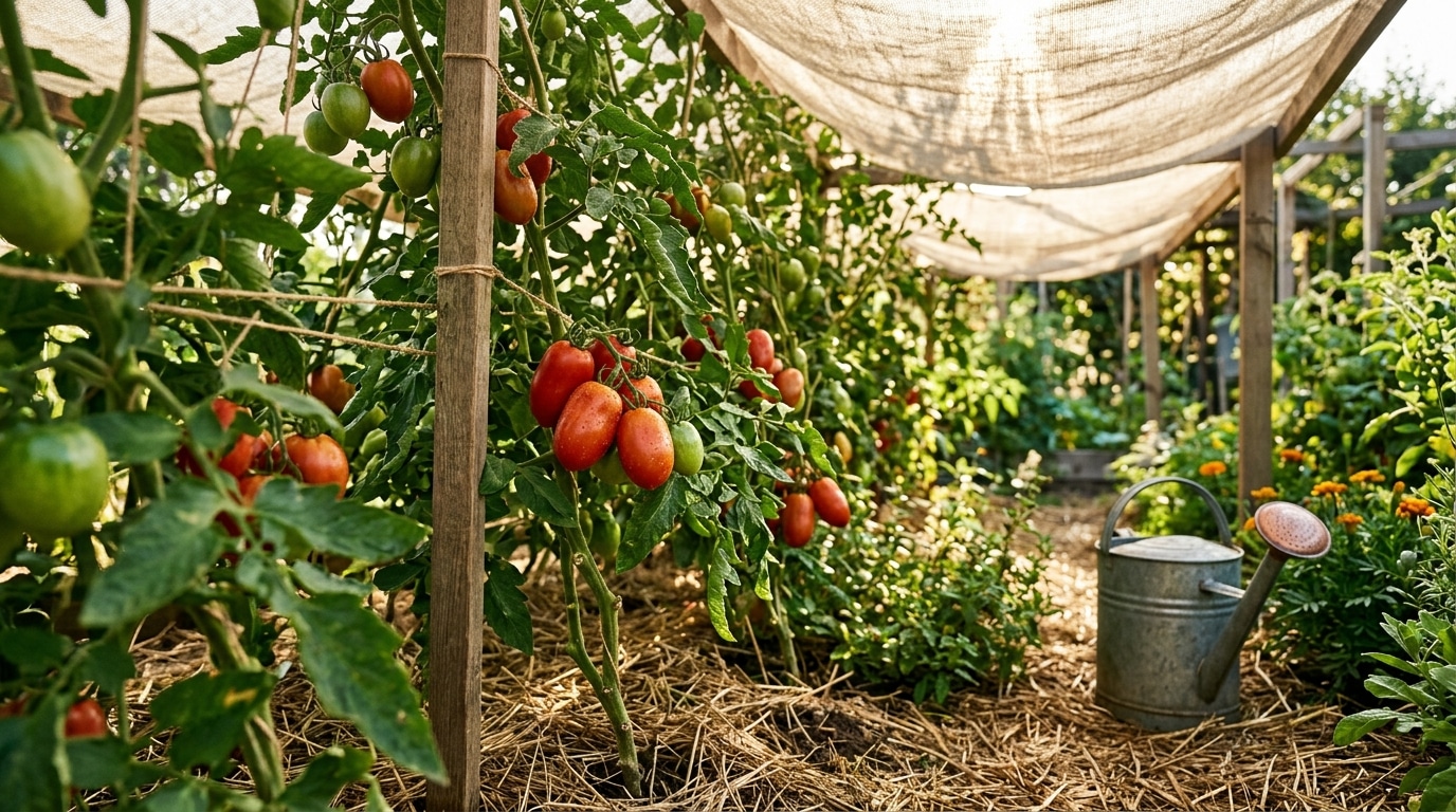 Tomates à l'ombre d'une toile légère au potager