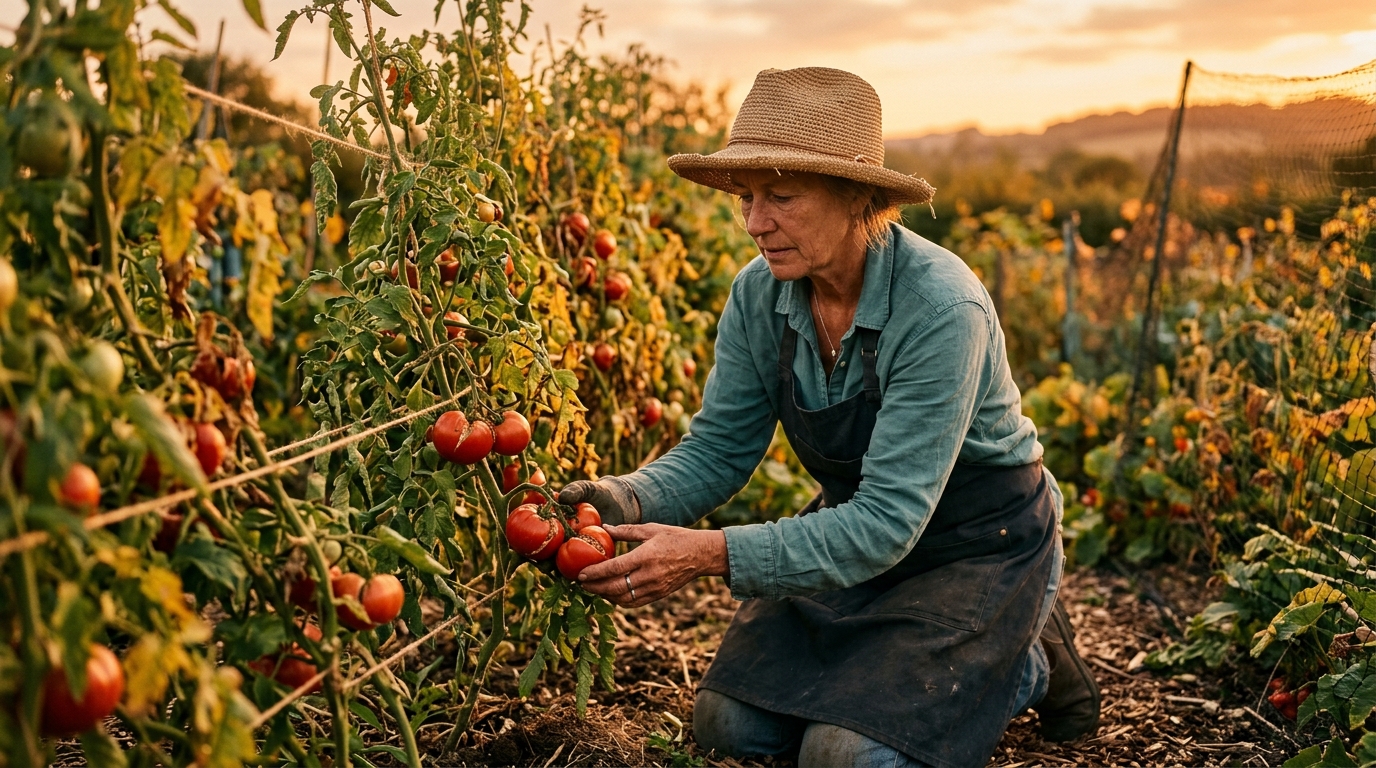 Jardinier examine des tomates fendues au coucher du soleil