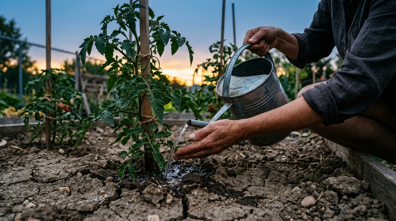 Arrosage au pied des tomates en soirée pendant la canicule