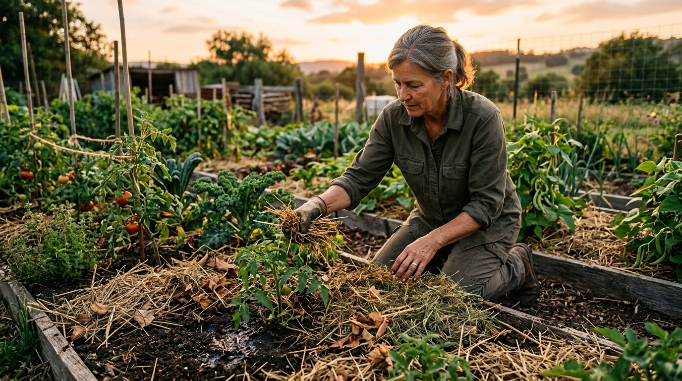 Paillage du potager avec de l'herbe séchée le soir