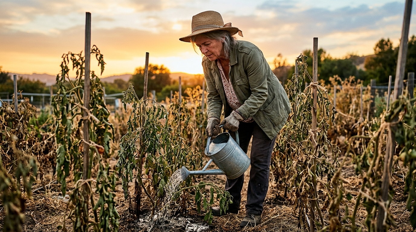 Femme arrosant des plants de tomates fatigués au coucher du soleil