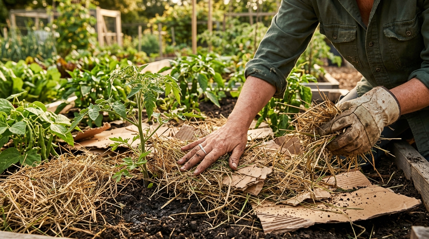 Jardinier étalant un paillage épais autour des légumes