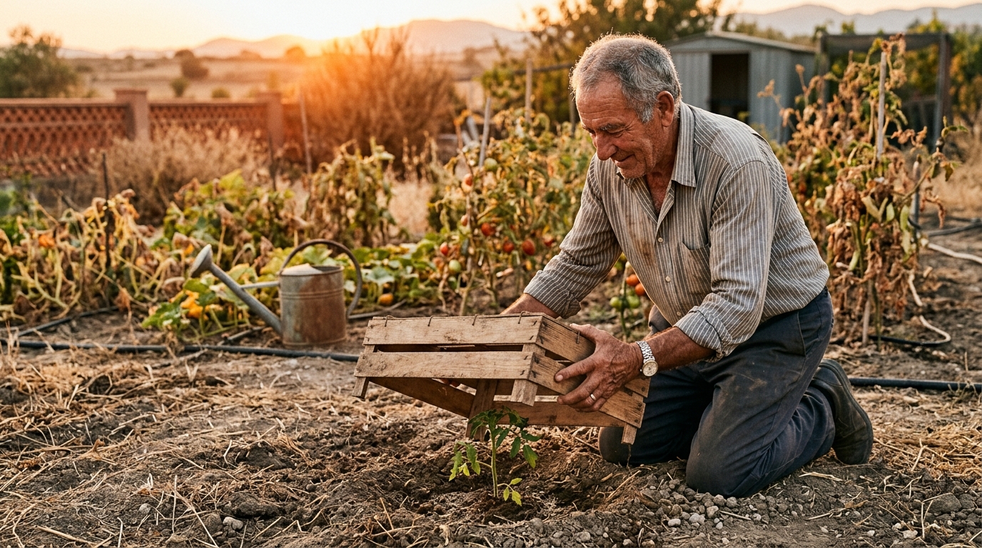 Homme installant une cagette pour ombrer un jeune plant
