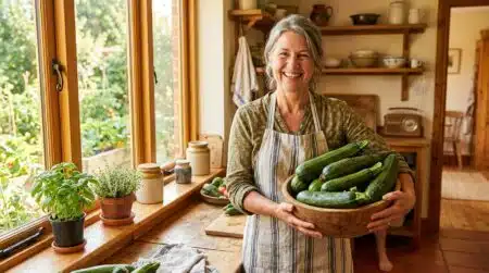 Femme souriante avec un bol de courgettes fraîches du jardin