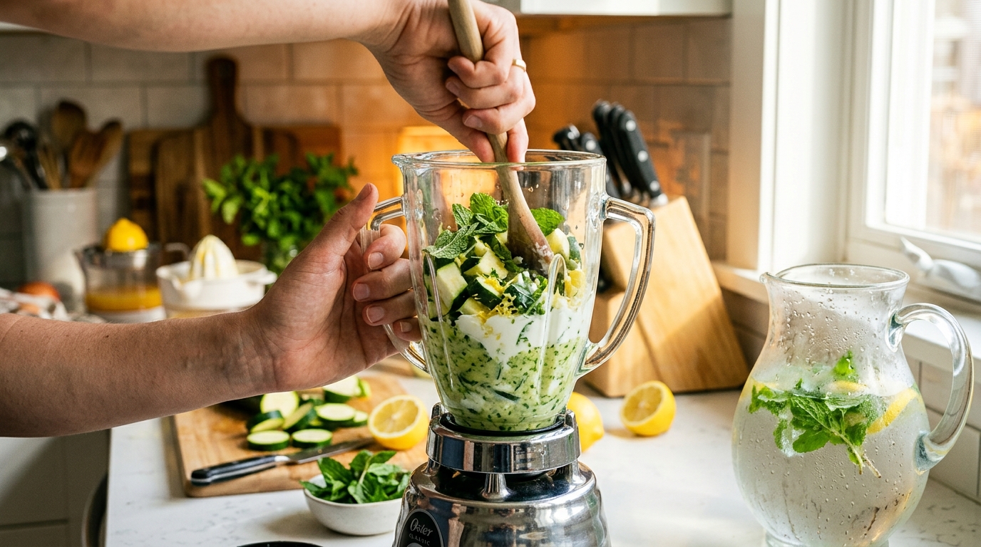 Mixage de courgettes crues avec yaourt et menthe