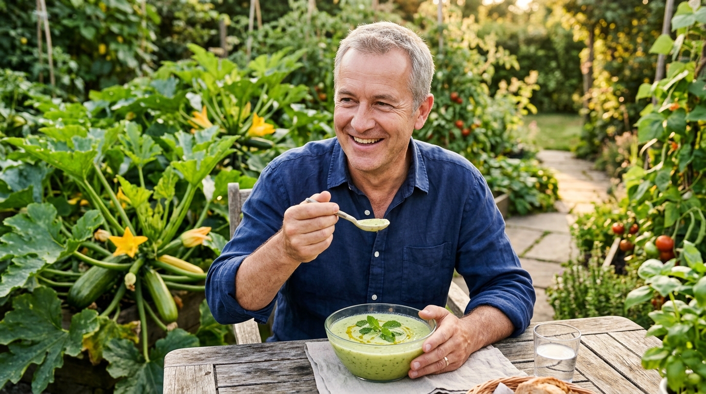 Homme dégustant un gaspacho de courgettes glacé au jardin