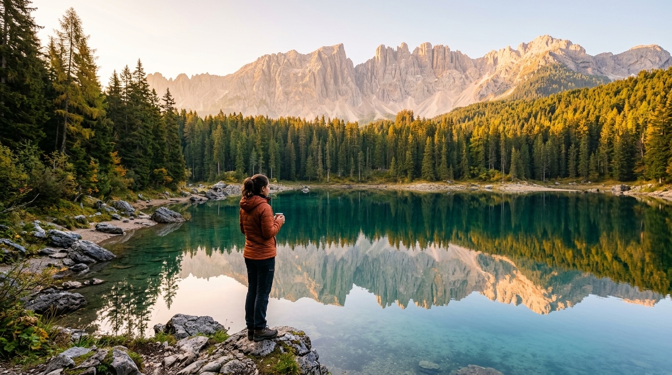 Baigneur seul au bord d'un lac de montagne frais