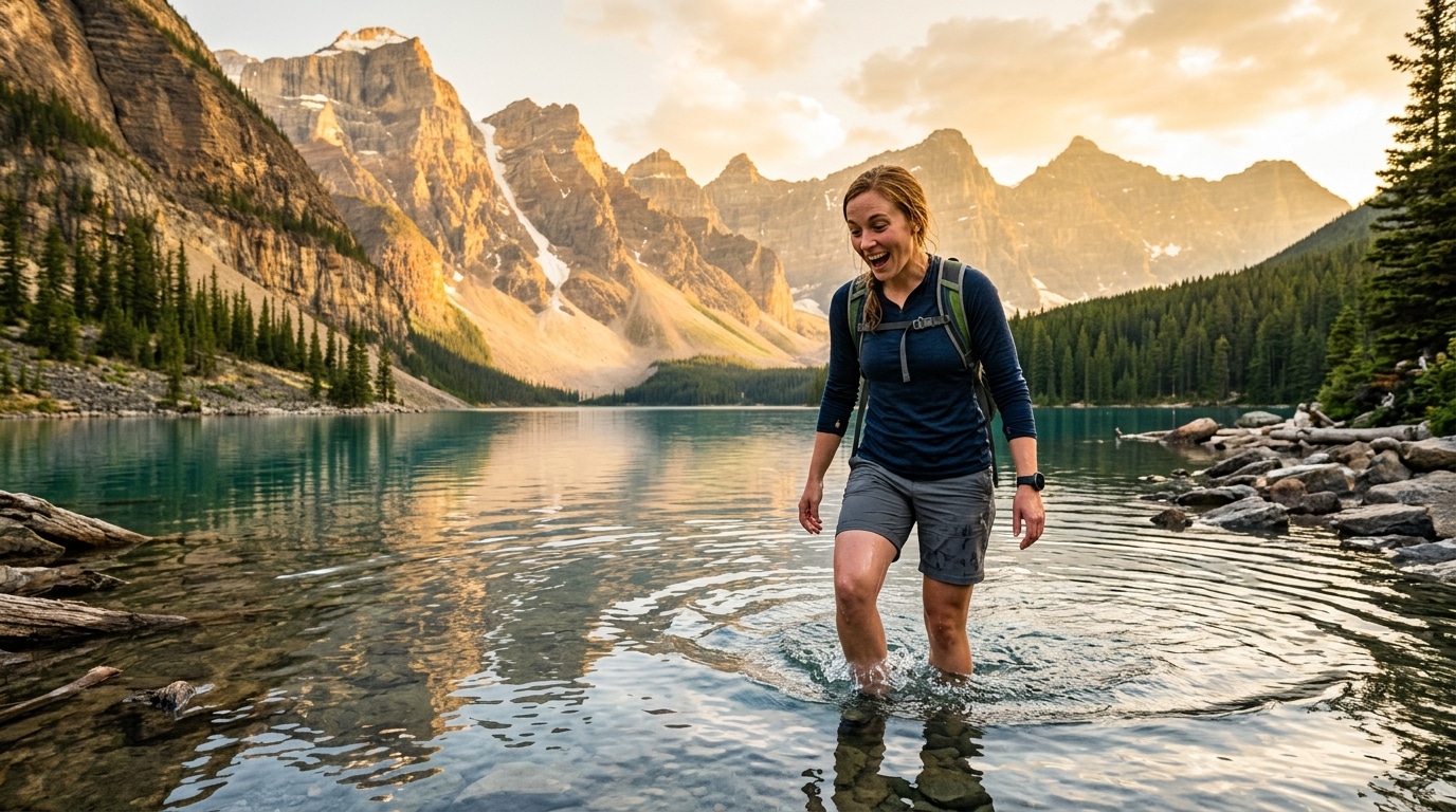 Personne entrant dans l'eau fraîche du lac alpin