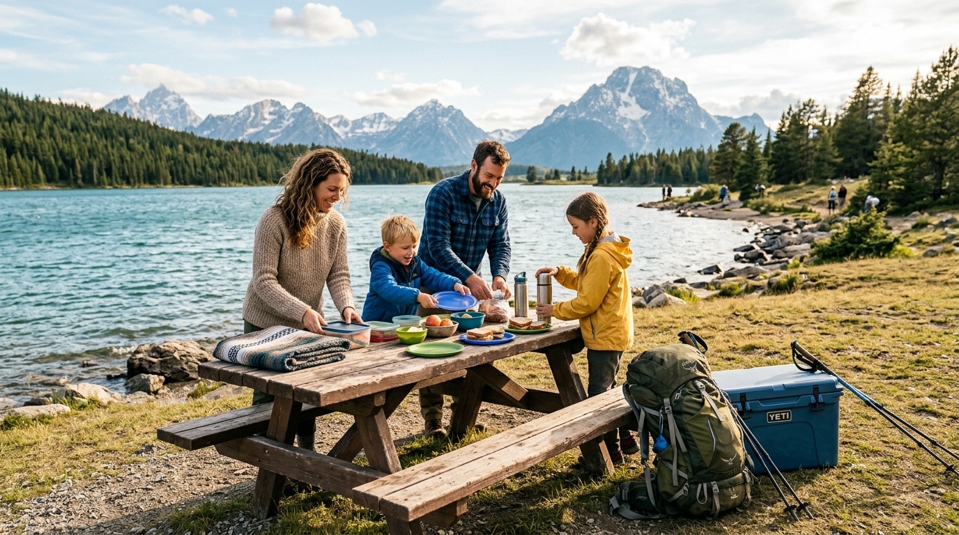 Pique-nique en famille au bord du lac de montagne