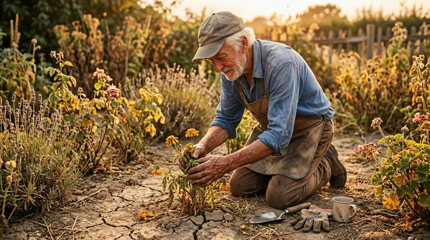 Jardinier arrosant des plantes fanées pendant une canicule