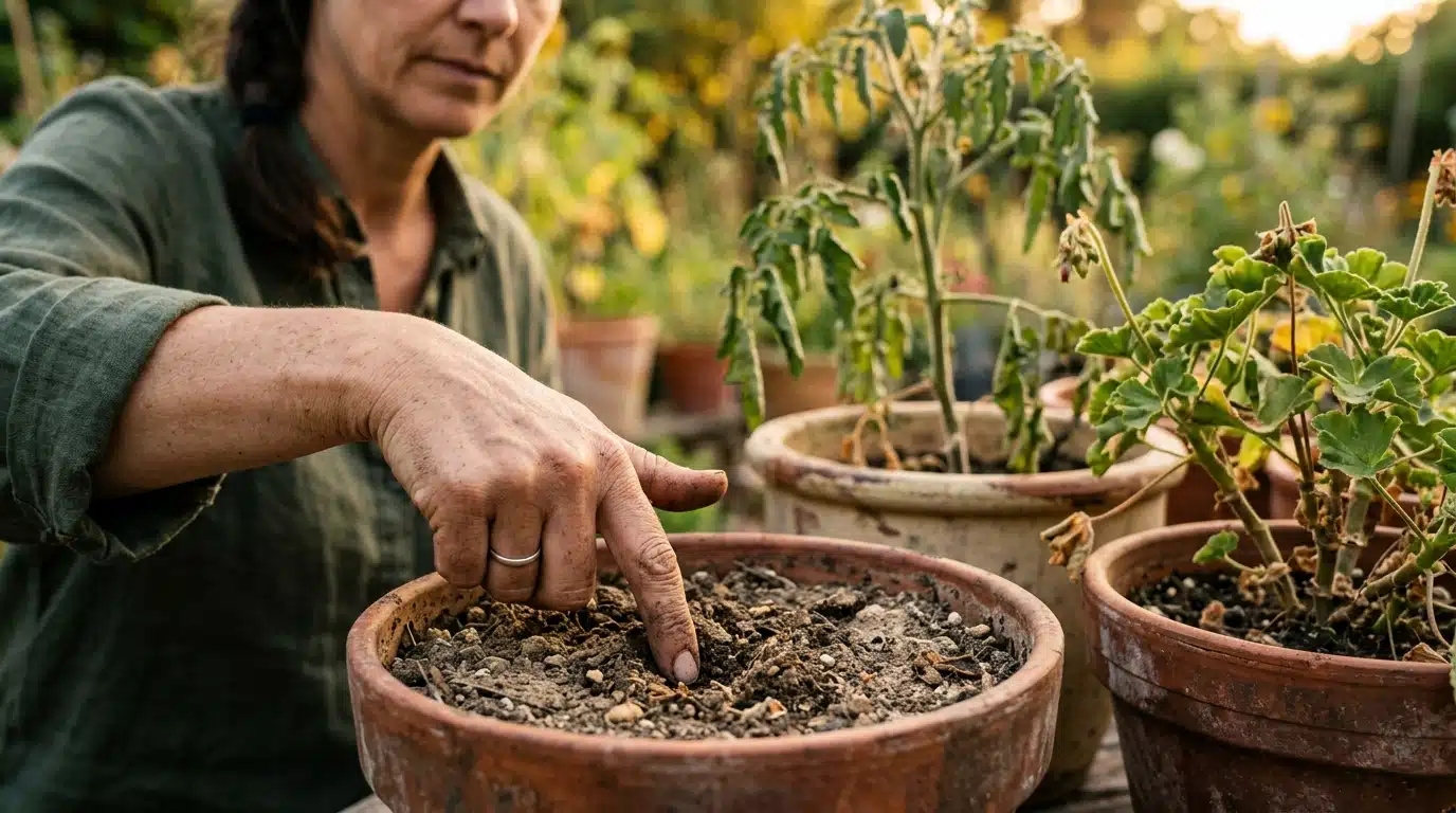 Test du doigt dans la terre sèche pour vérifier l'humidité