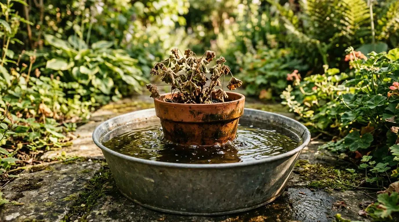 Bassinage d'un pot de fleurs dans une bassine d'eau