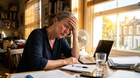 Personne épuisée par la chaleur devant son ordinateur